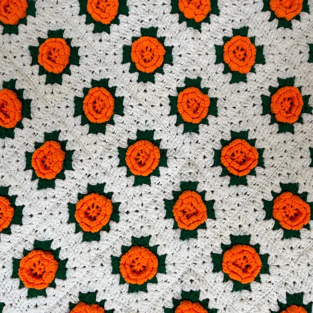 Vintage Crochet 3D Floral Knit Granny Square Blanket Orange‎ White Fall Decor